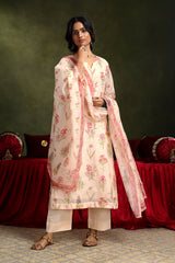 Floral Pista Chanderi Suit Set (with Pants and Dupatta)