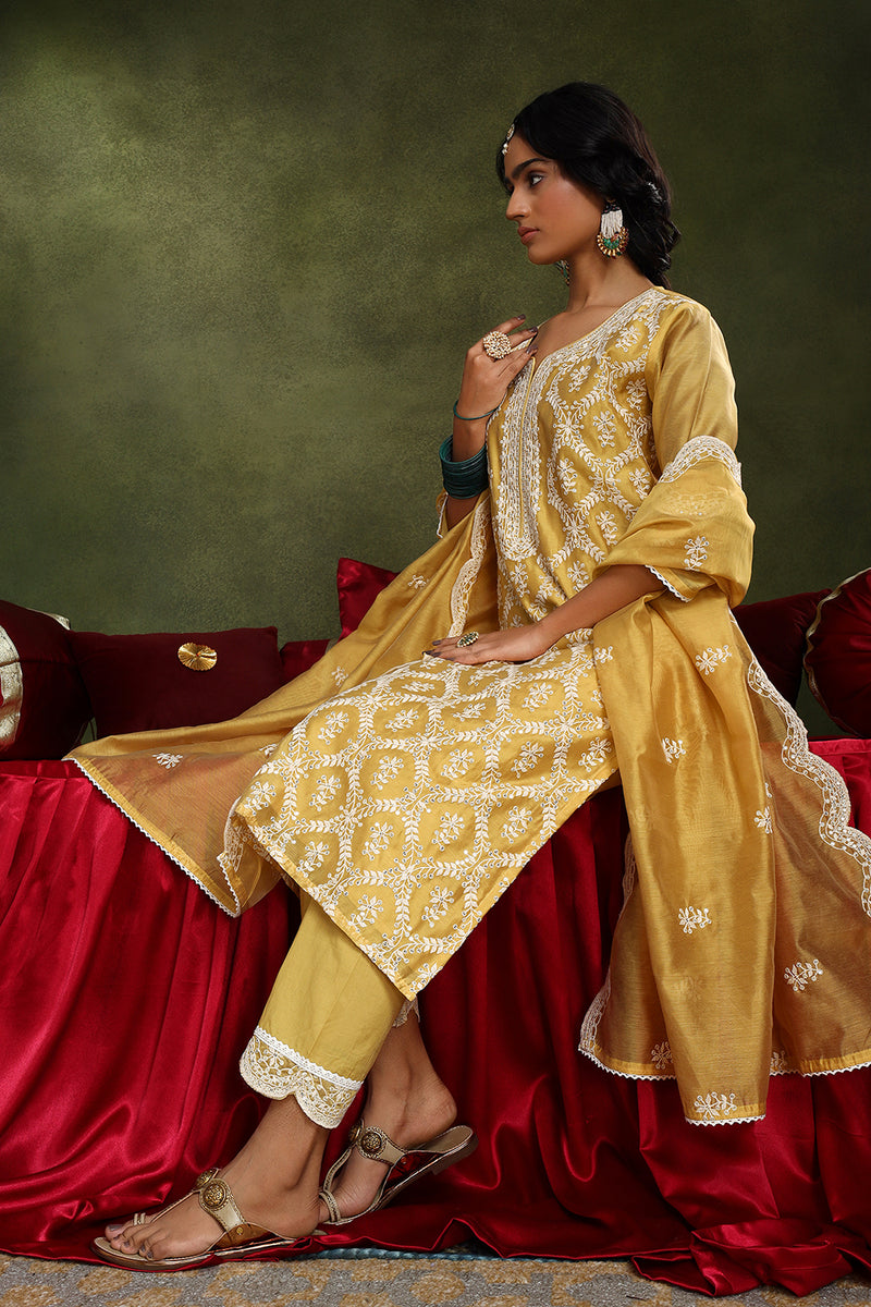 Yellow Chanderi Straight Fit Suit Set (with Pants and Dupatta)