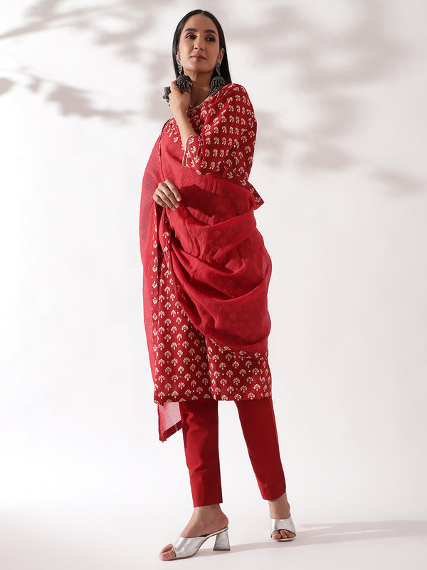 Maroon Hand Block Printed Cotton Suit Set (With Pants and Dupatta)