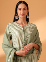 Green Digital Striped Cotton Suit Set (with Pants and Dupatta)