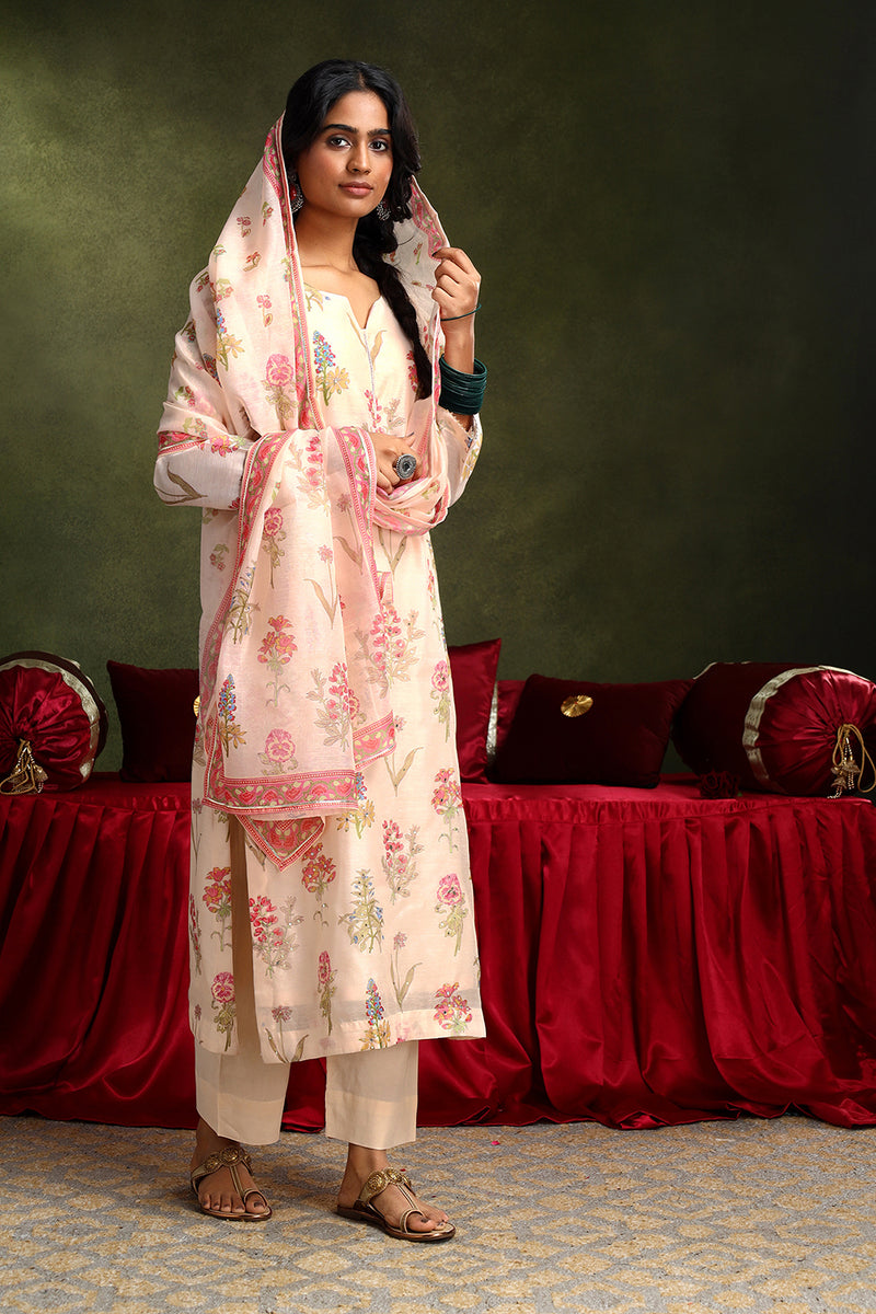 Floral Pista Chanderi Suit Set (with Pants and Dupatta)