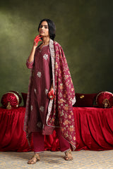 Floral Wine Chanderi Kurta set (With Pant & Dupatta)