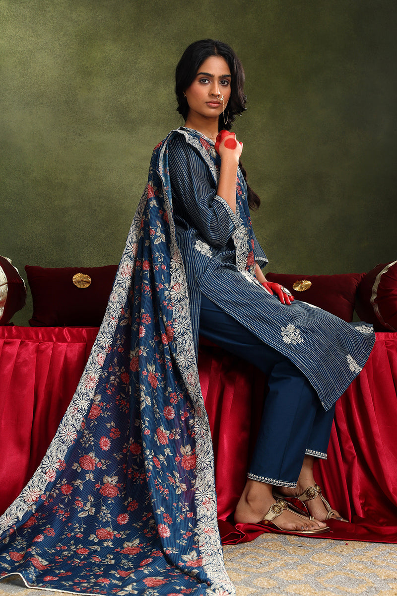 Floral Blue Chanderi Kurta set (With Pant & Dupatta)