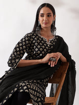 Black Hand Block Printed Cotton Suit Set (With Pants and Dupatta)