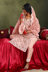 Pastel Pink Chanderi Sraight Fit Suit Set (with Pants and Dupatta)