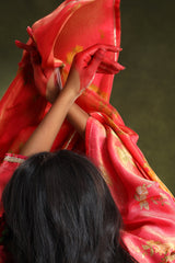 Pure Crushed Tissue Suit Set In Red Color (With Pants And Dupatta)