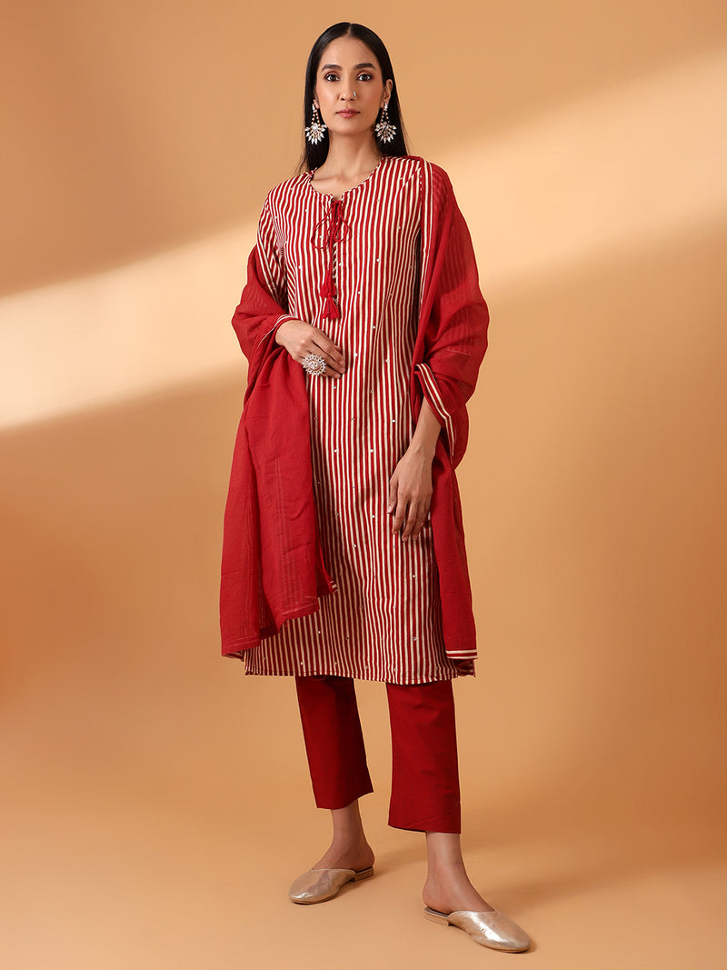 Maroon Digital Striped Cotton Suit Set (with Pants and Dupatta)