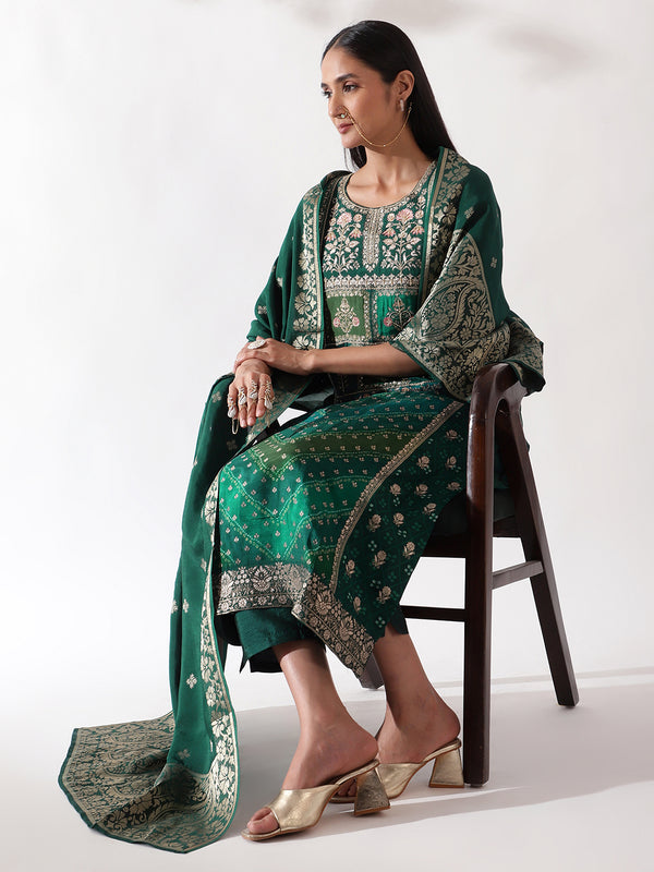 Green Dola Jacquard Suit Set (with Pants and Dupatta)