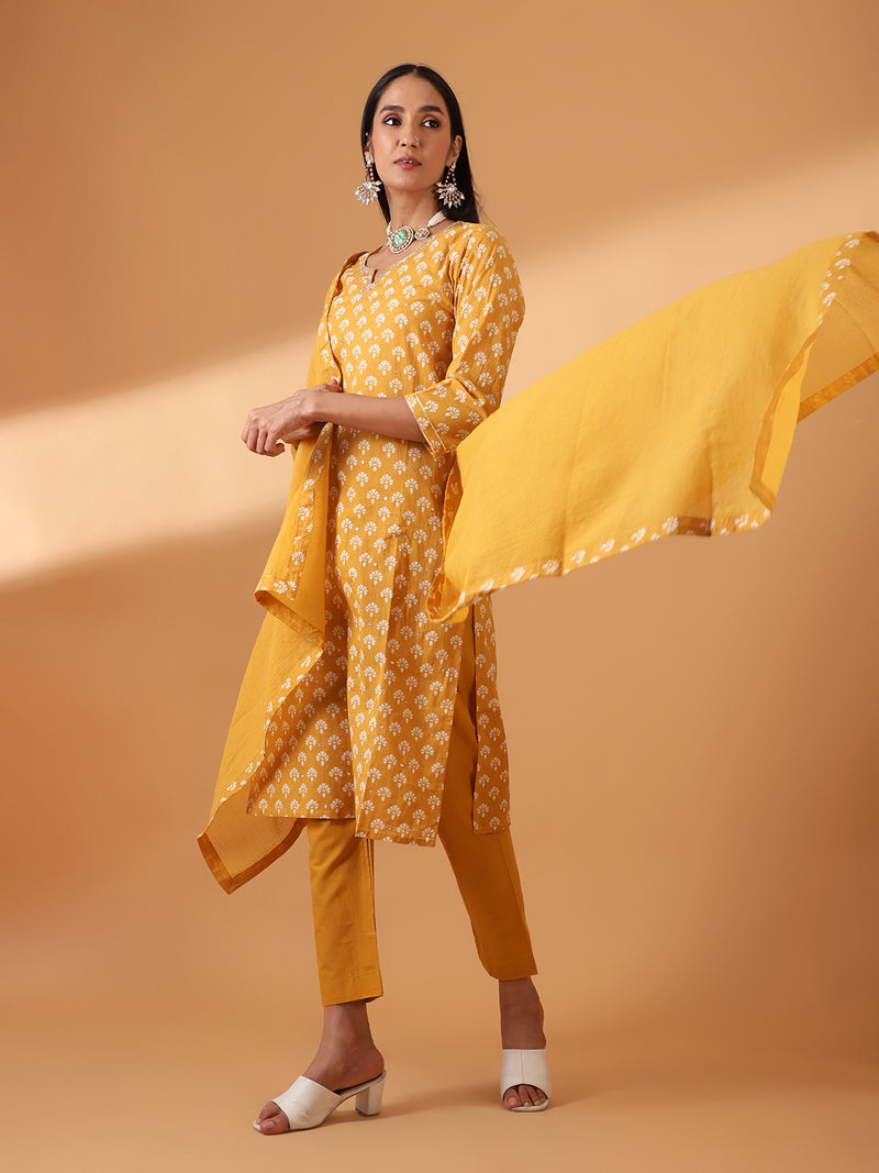 Mustard Hand Block Printed Cotton Suit Set (With Pants and Dupatta)