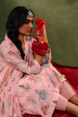 Floral Pink Chanderi Suit Set (with Pants and Dupatta)