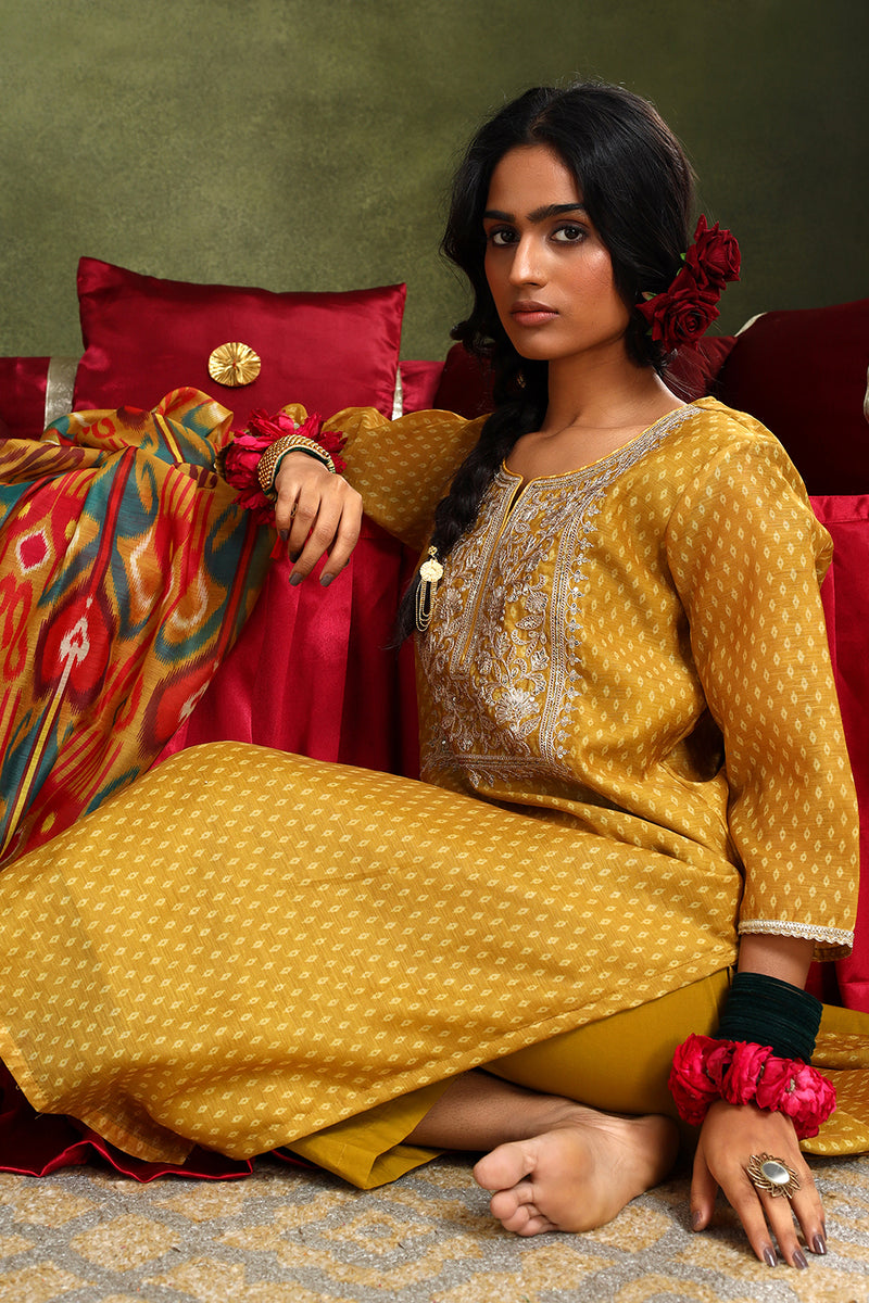 Mustard Chanderi Suit Set (with Pants and Dupatta)