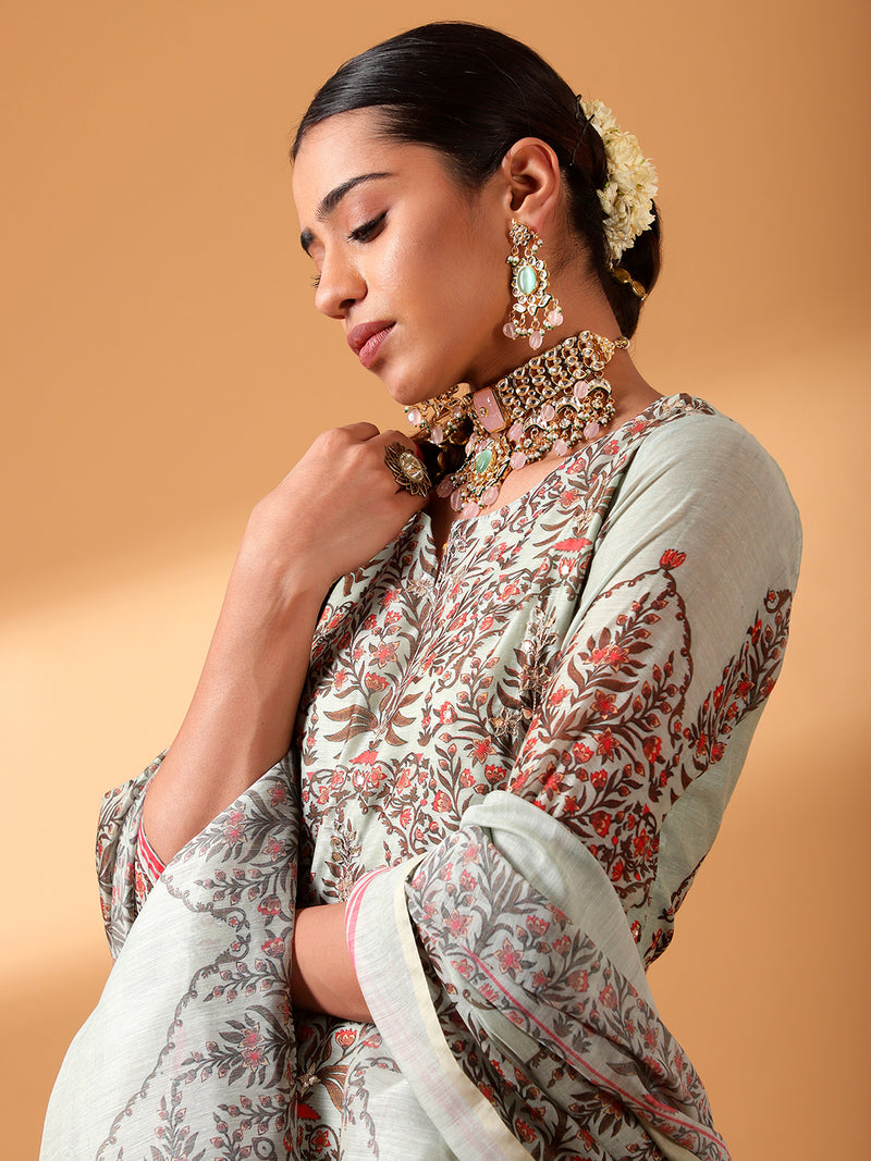 Mint Green Block Printed Chanderi Suit Set (With Pants and Dupatta)