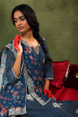 Floral Blue Chanderi Kurta set (With Pant & Dupatta)