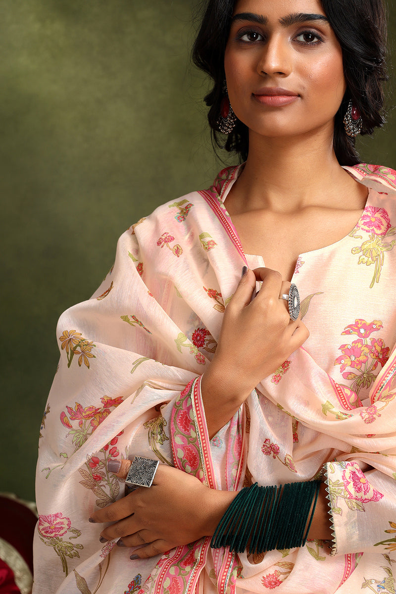 Floral Pista Chanderi Suit Set (with Pants and Dupatta)