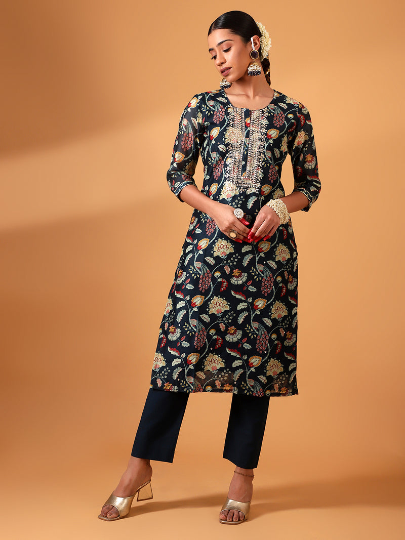 Deep Blue Straight fit Chanderi Kurta set (with Pants and Dupatta)