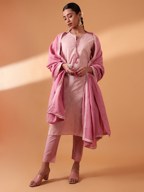 Pink Digital Striped Cotton Suit Set (with Pants and Dupatta)