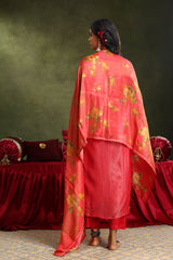 Pure Crushed Tissue Suit Set In Red Color (With Pants And Dupatta)