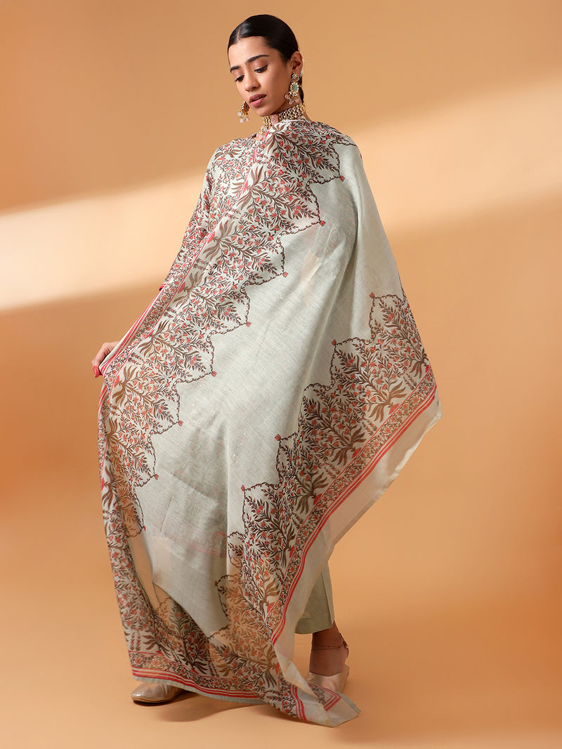 Mint Green Block Printed Chanderi Suit Set (With Pants and Dupatta)