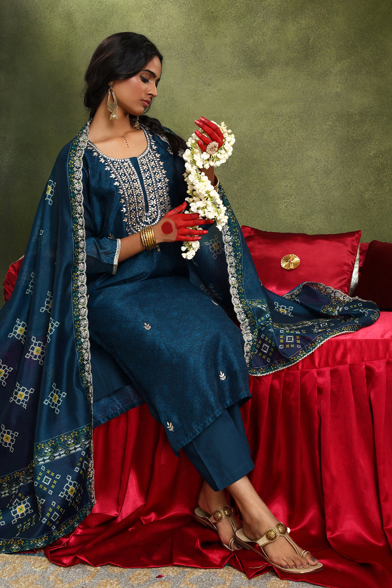 Navy Blue Chanderi Suit Set (with Pants and Dupatta)