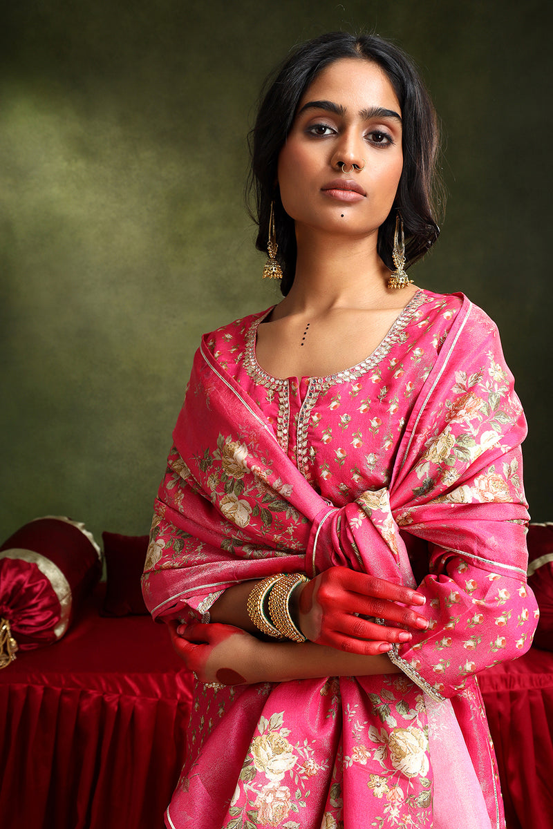 Pink Chanderi Suit Set (with Pants and Dupatta)