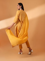 Mustard Hand Block Printed Cotton Suit Set (With Pants and Dupatta)