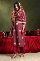 Floral Wine Chanderi Kurta set (With Pant & Dupatta)