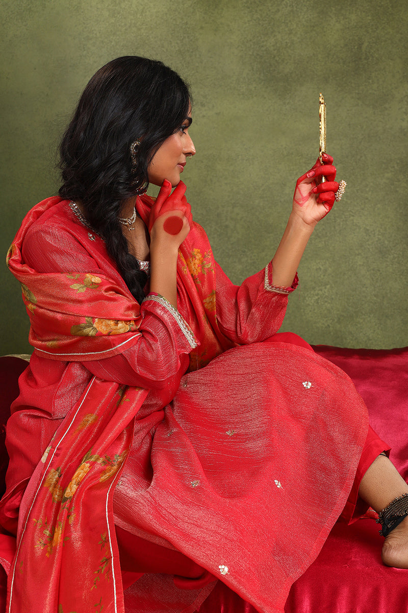 Pure Crushed Tissue Suit Set In Red Color (With Pants And Dupatta)