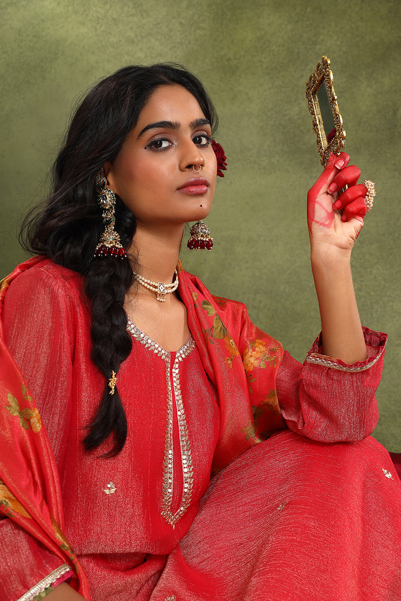 Pure Crushed Tissue Suit Set In Red Color (With Pants And Dupatta)