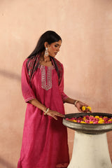 Dark Pink Chanderi Kurta set (With Pant & Dupatta)