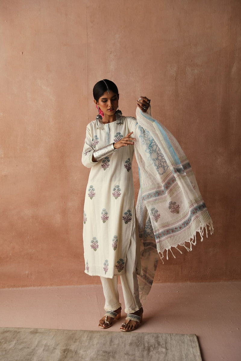 Hand block printed cotton suit set (With Pants & Dupatta)