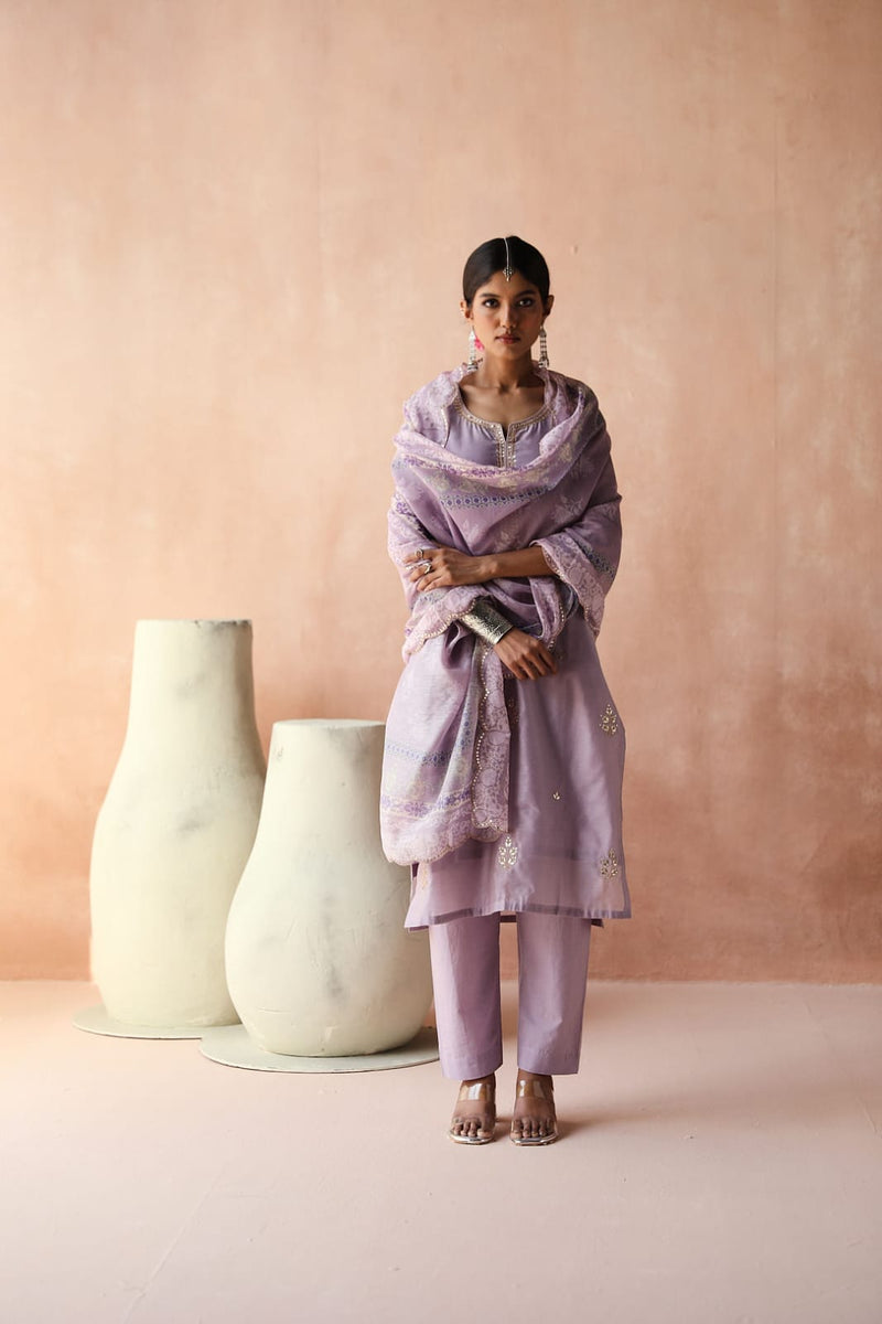 Lilac  Chanderi Kurta set (With Pant & Dupatta)