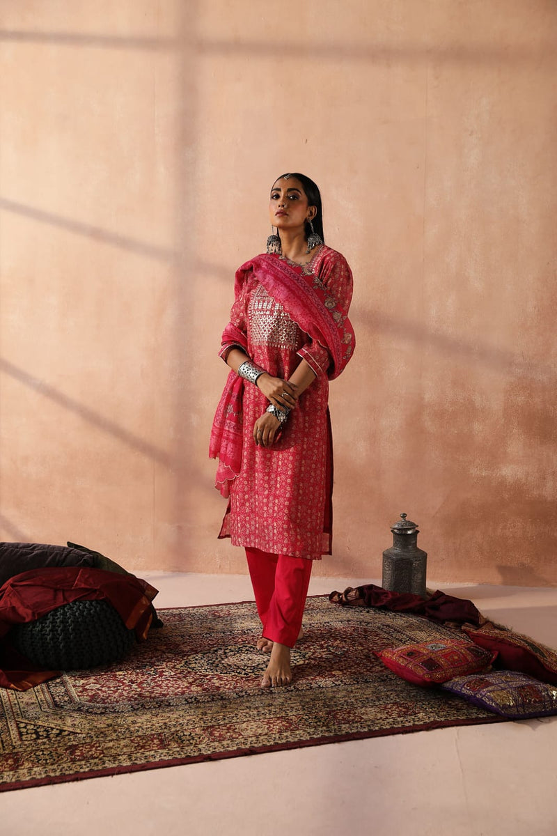 Dark Pink   Chanderi Kurta set (With Pant & Dupatta)