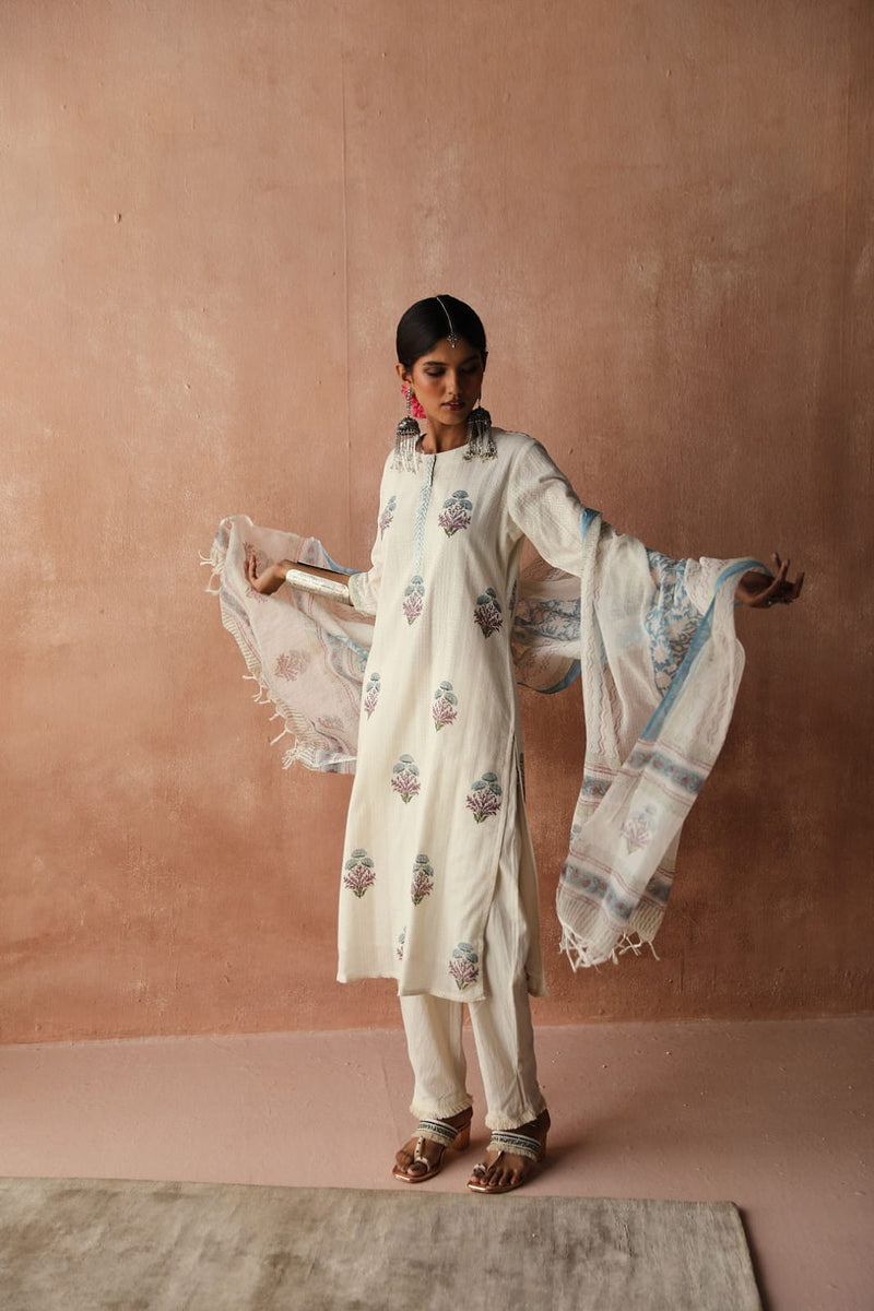 Hand block printed cotton suit set (With Pants & Dupatta)