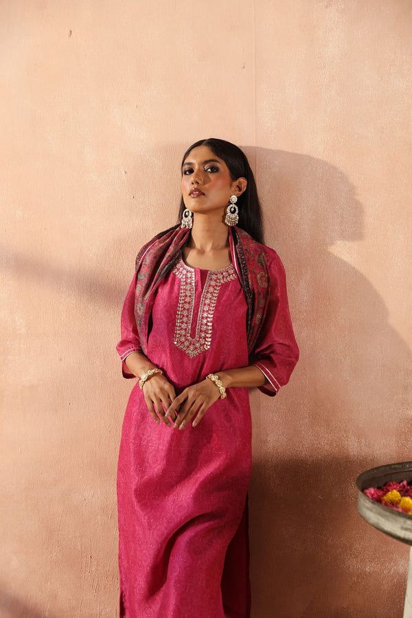 Dark Pink Chanderi Kurta set (With Pant & Dupatta)