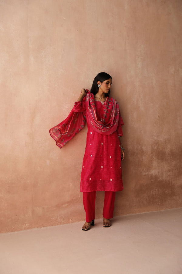 Pink   Chanderi Kurta set ( With Pant & Dupatta)