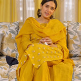 Mustard Mul Chanderi Suit Set (With Pants and Dupatta)