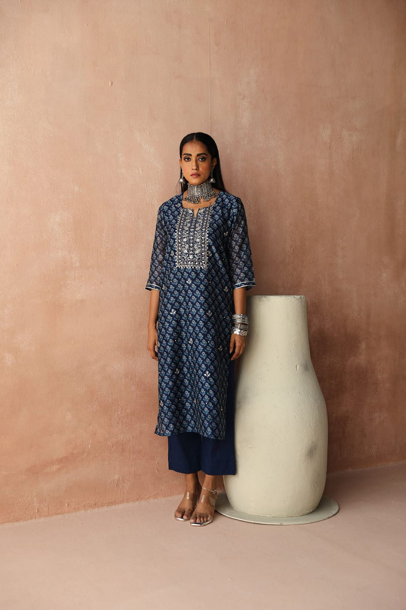 Navy   Chanderi Kurta set (With Pant & Dupatta)