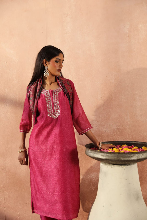 Dark Pink Chanderi Kurta set (With Pant & Dupatta)