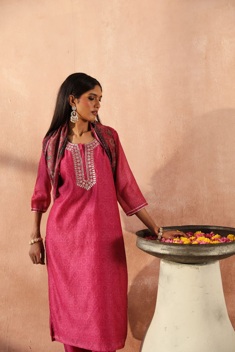 Dark Pink Chanderi Kurta set (With Pant & Dupatta)