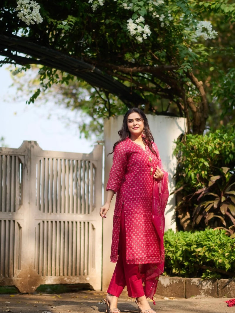 Dark Pink Chanderi Suit Set (with Pants and Dupatta)