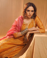 Mustard Bandhani Chanderi Suit Set (With Pants and Dupatta)