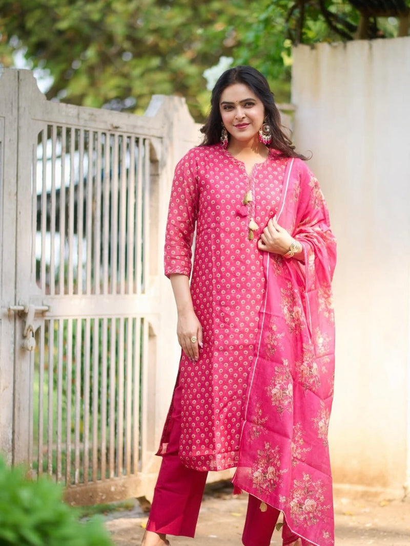 Dark Pink Chanderi Suit Set (with Pants and Dupatta)