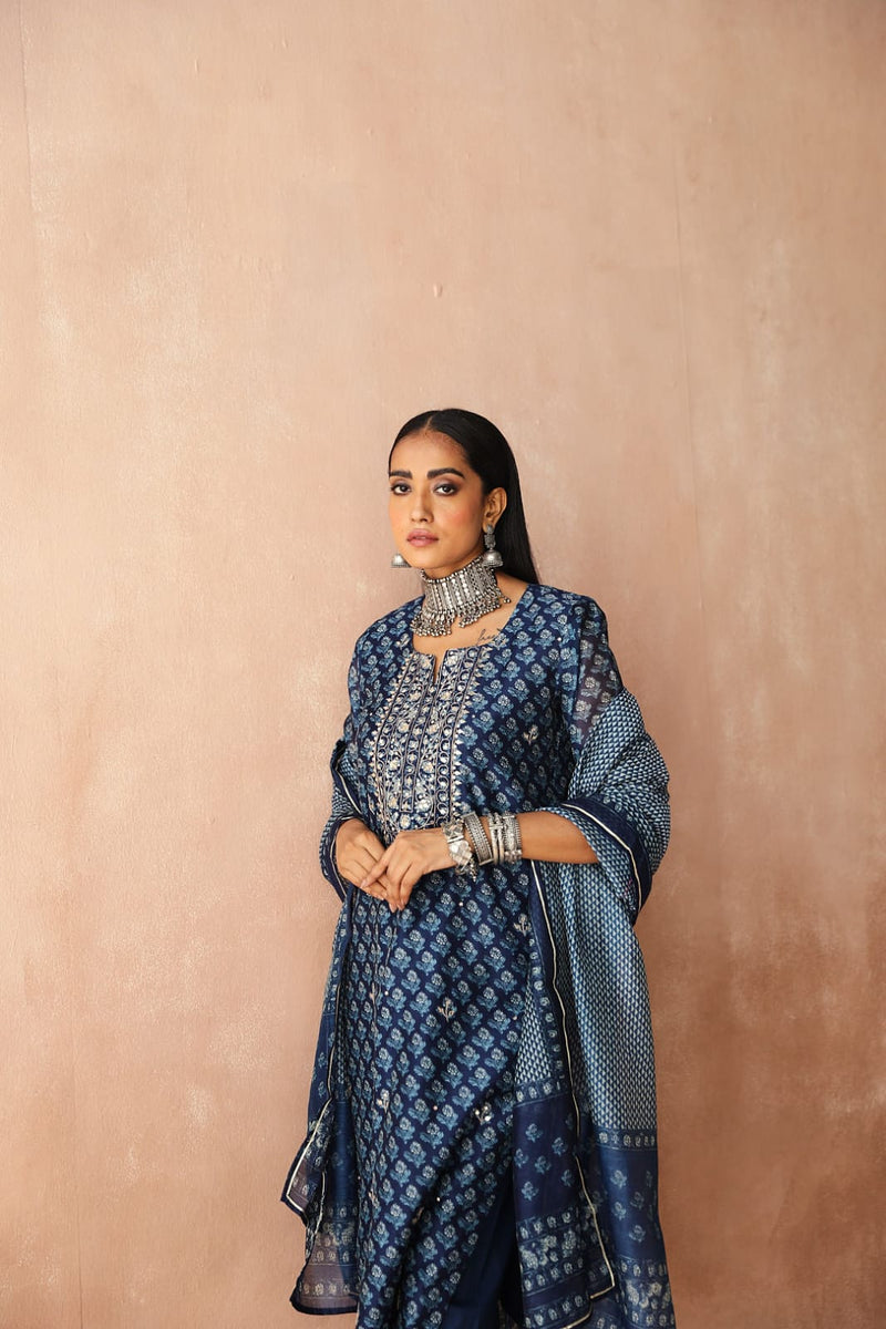 Navy   Chanderi Kurta set (With Pant & Dupatta)