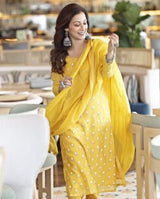 Mustard Mul Chanderi Suit Set (With Pants and Dupatta)