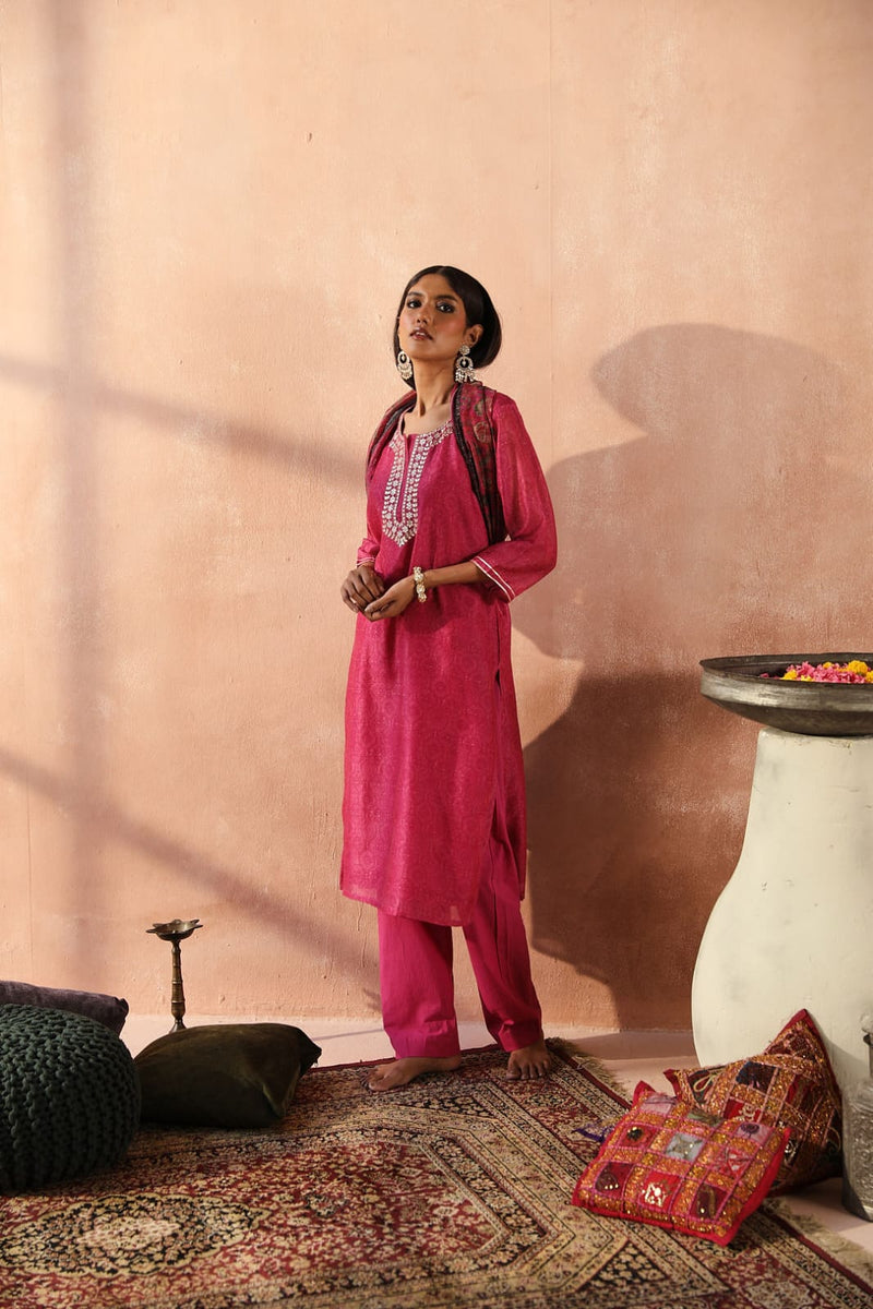 Dark Pink Chanderi Kurta set (With Pant & Dupatta)