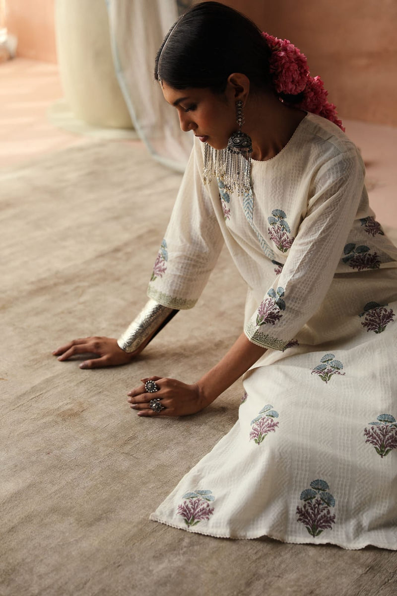 Hand block printed cotton suit set (With Pants & Dupatta)