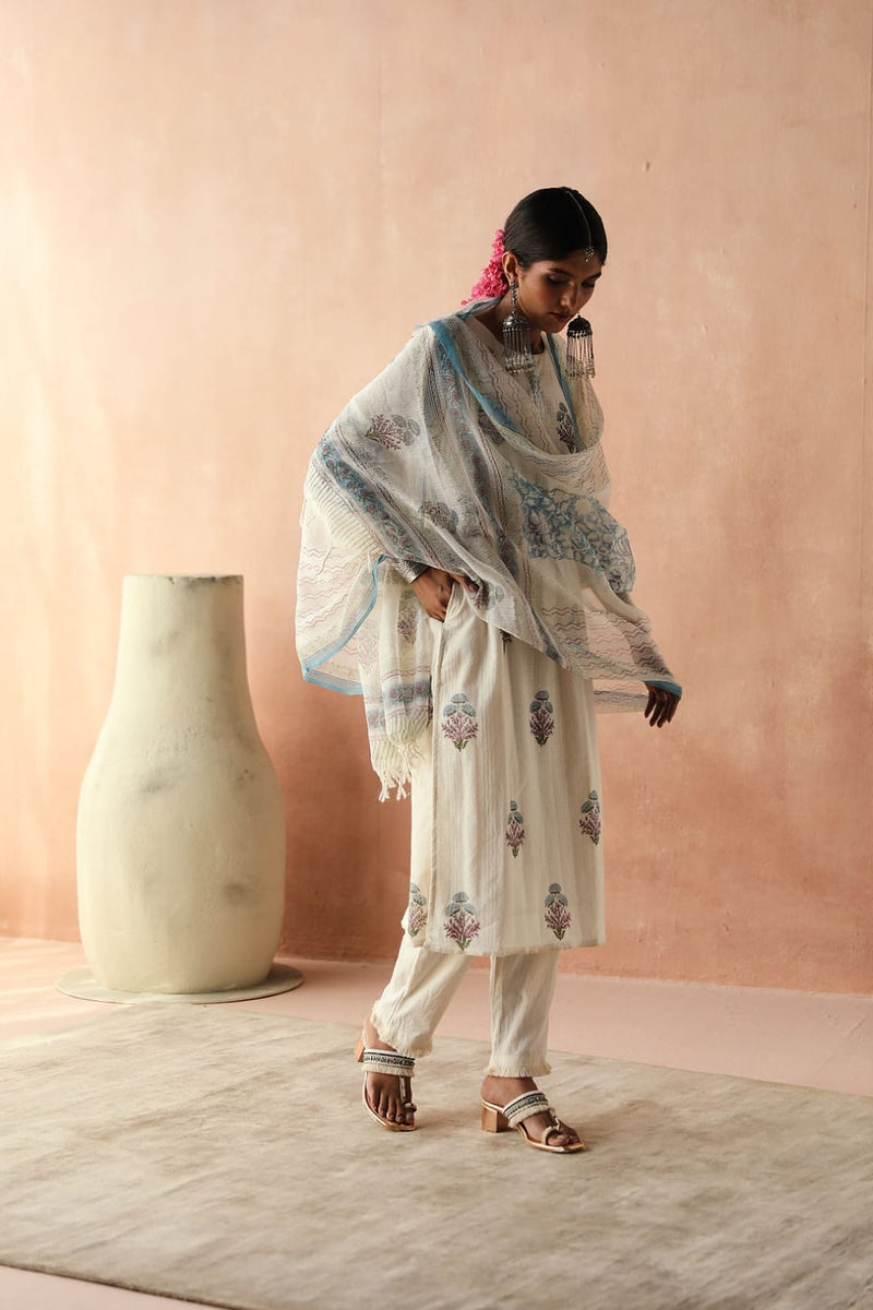 Hand block printed cotton suit set (With Pants & Dupatta)