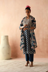 Blue  Chanderi Kurta set (With Pant & Dupatta)