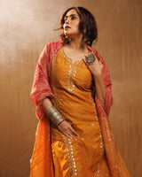 Mustard Bandhani Chanderi Suit Set (With Pants and Dupatta)