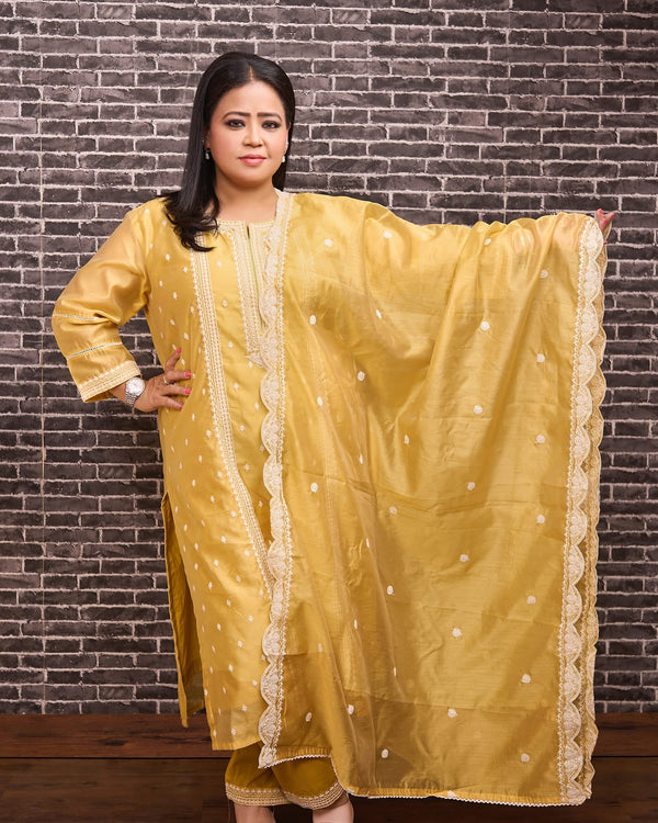 Yellow Chanderi Suit Set (with Pants and Dupatta)